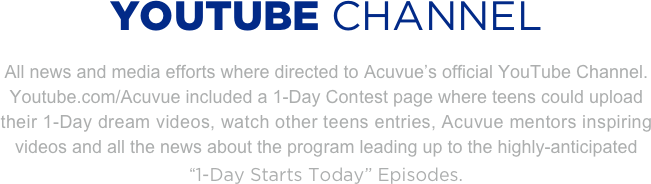 YOUTUBE CHANNEL
All news and media efforts where directed to Acuvue’s official YouTube Channel. 
Youtube.com/Acuvue included a 1-Day Contest page where teens could upload their 1-Day dream videos, watch other teens entries, Acuvue mentors inspiring videos and all the news about the program leading up to the highly-anticipated 
“1-Day Starts Today” Episodes.


